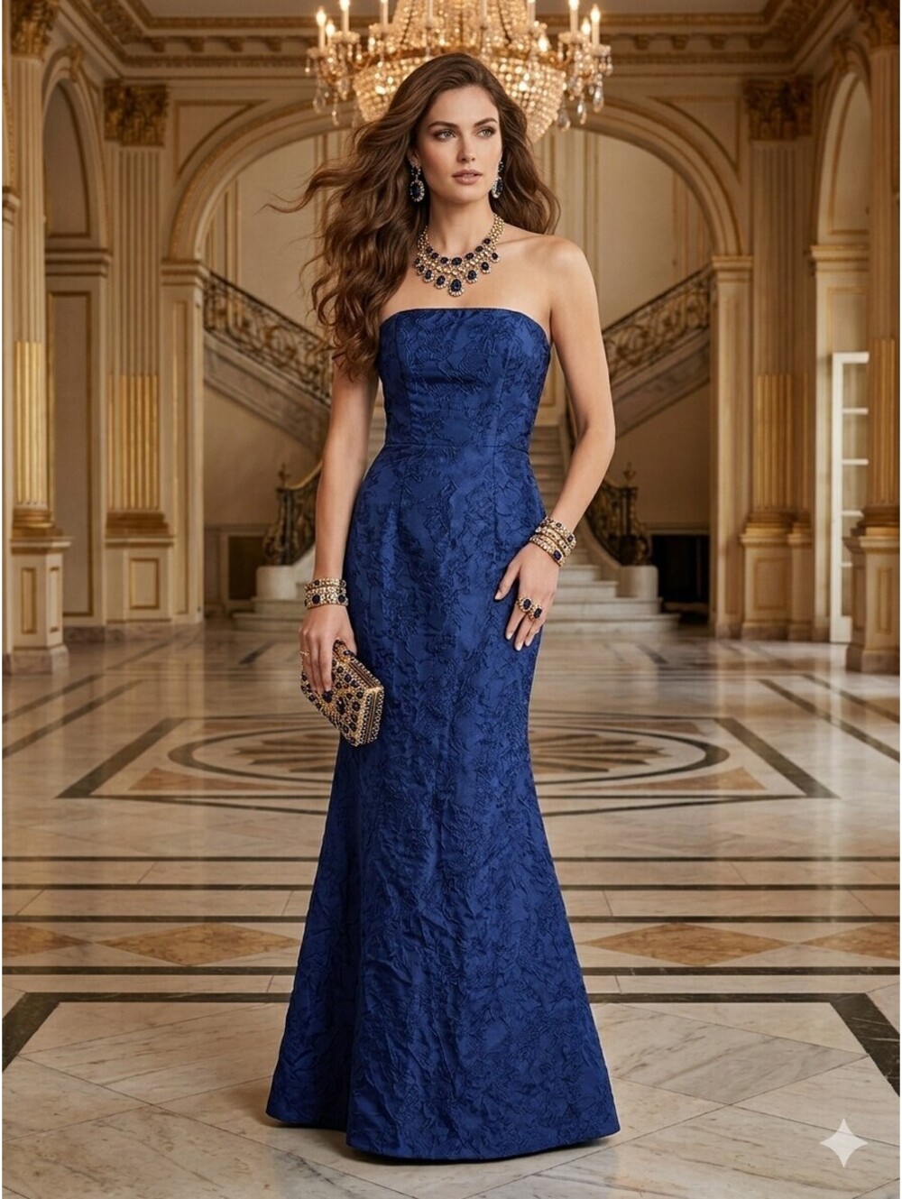 Elegant Navy Blue Brocade Strapless Mermaid Gown Prom Formal Dress Corset Size 6